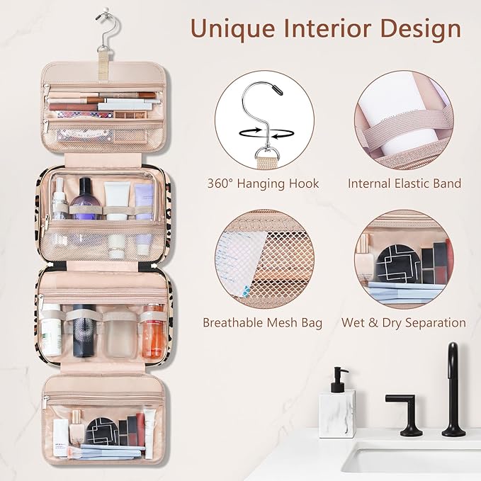 Wedama Toiletry Bag for Women, Hanging Travel Toiletry Bag with Jewelry Organizer Compartment Large Makeup Bag, PVC Waterproof Cosmetic Travel Bag Trips Camping Bathroom, Leopard Print