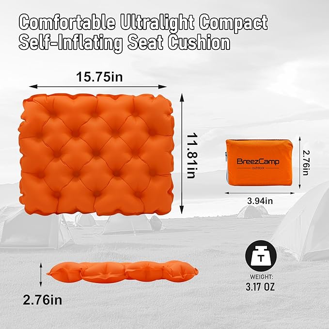 Inflatable Seat Cushion, Lightweight Stadium Seat Pad, Travel Air seat Cushion Anti-Slip for Airplane, Hiking, Climbing, Home and Camping,Orange
