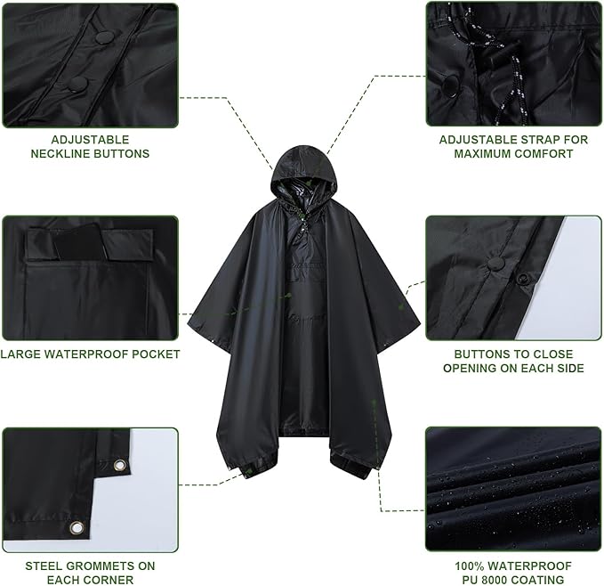 Hooded Rain Poncho for Adults - Waterproof Rain Coat and Lightweight Jacket 3-in-1 Multi-Function with Pockets