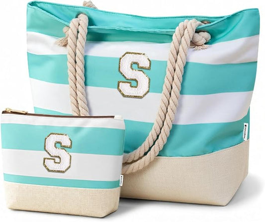 Vavabox Initial Beach Tote Bag for Women, Water-resistant Foldable Travel Beach Bag Set, Birthday Gifts for Women Mom