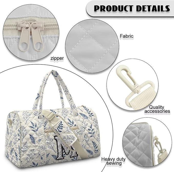 COEQINE Quilted Duffle Bag Women Personal Item Travel Bag Blue White Initial Name A-Z Large Capacity Flower Travel Bag with Trolley Sleeve