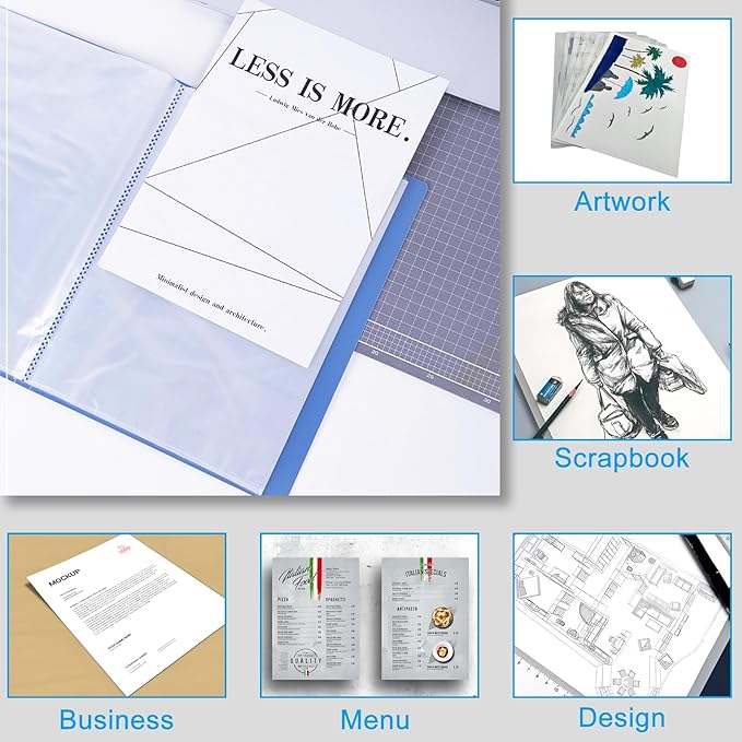 Art Portfolio Folder with 60 Pockets, 120 Pages Display Book, Clear Plastic Sleeves, Blue Presentation Binder for Kids & Artists Artwork