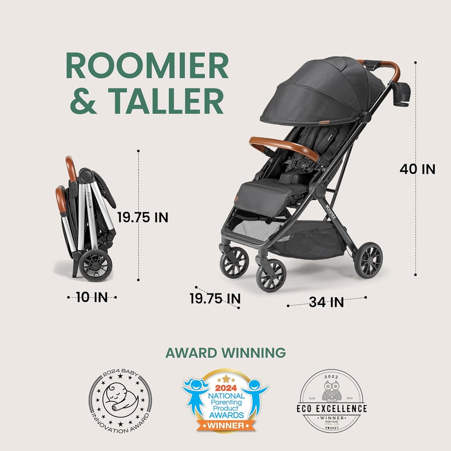 Bombi Bēbee V2 Lightweight Baby Stroller - Premium Vegan Leather, One-Hand Fold, Infinite Recline, Aircraft-Grade Aluminum Frame, XXL Canopy, and Ample Storage Umbrella Stroller - Hickory