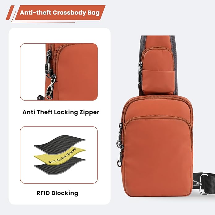 Sling Bag, Crossbody Bag with Zipper Lock, RFID & Water Resistant for Women and Men Small Chest Bag for Travel Casual