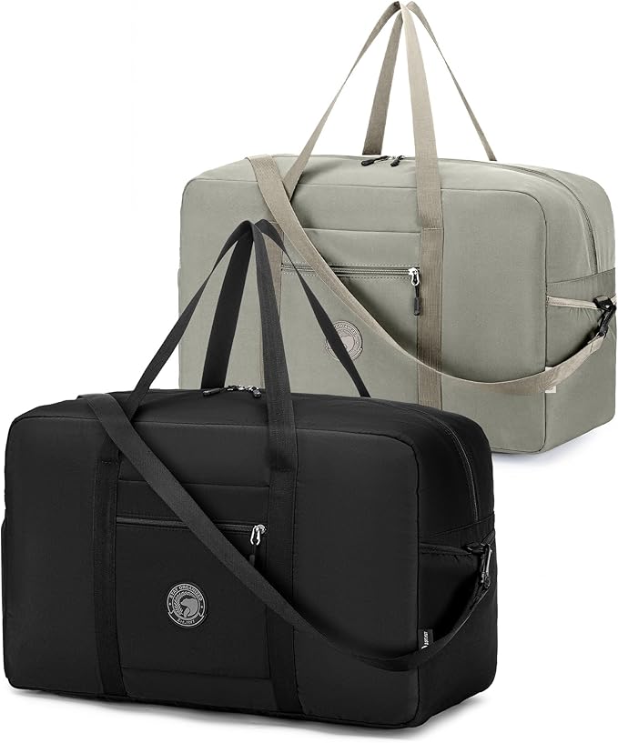 2 Packs Carry on Bag 22x14x9 Airlines Approved, 48L Canvas Travel Duffel Bags for Men Women Duffle Bag for Airplane Weekender Overnight Gym, (Black+Khaki)