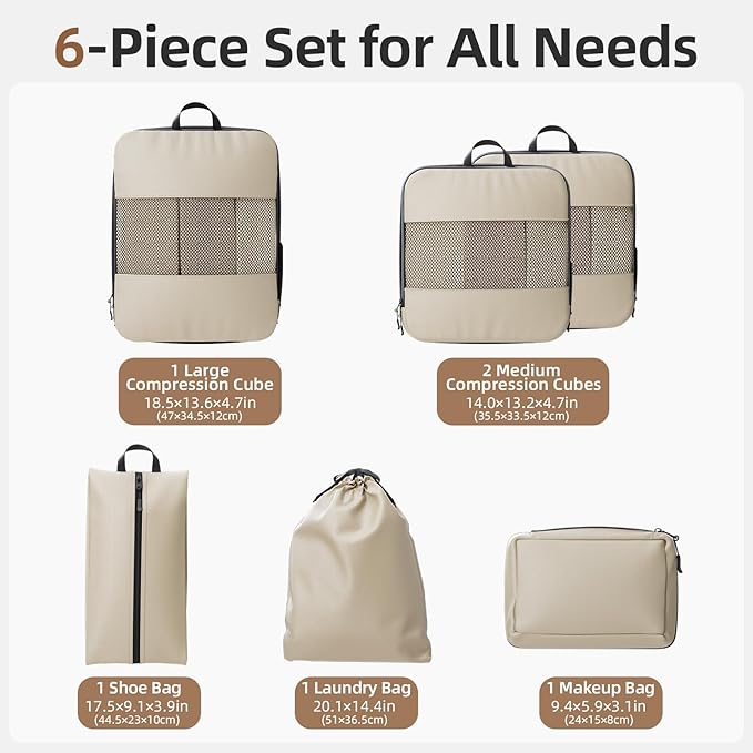 Compression Packing Cubes for Travel,6-Piece Travel Luggage Organizers with Breathable Mesh, Storage Bags for Clothes, Essential Travel Accessories, Beige