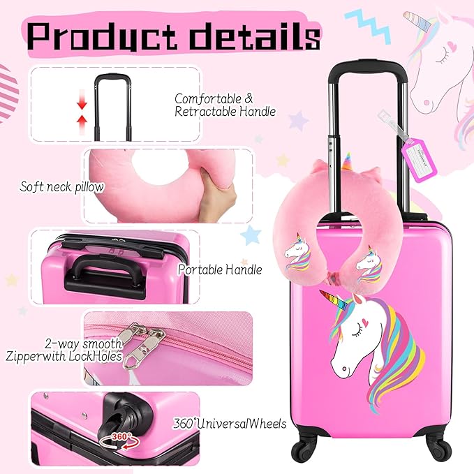 Sanwuta 4 Pcs Kids Luggage Set Rolling Suitcase Backpack U-shaped Pillow Kids Carry On Gift for Summer Travel Family Trip(17 Inch,Unicorn Style,Pink)