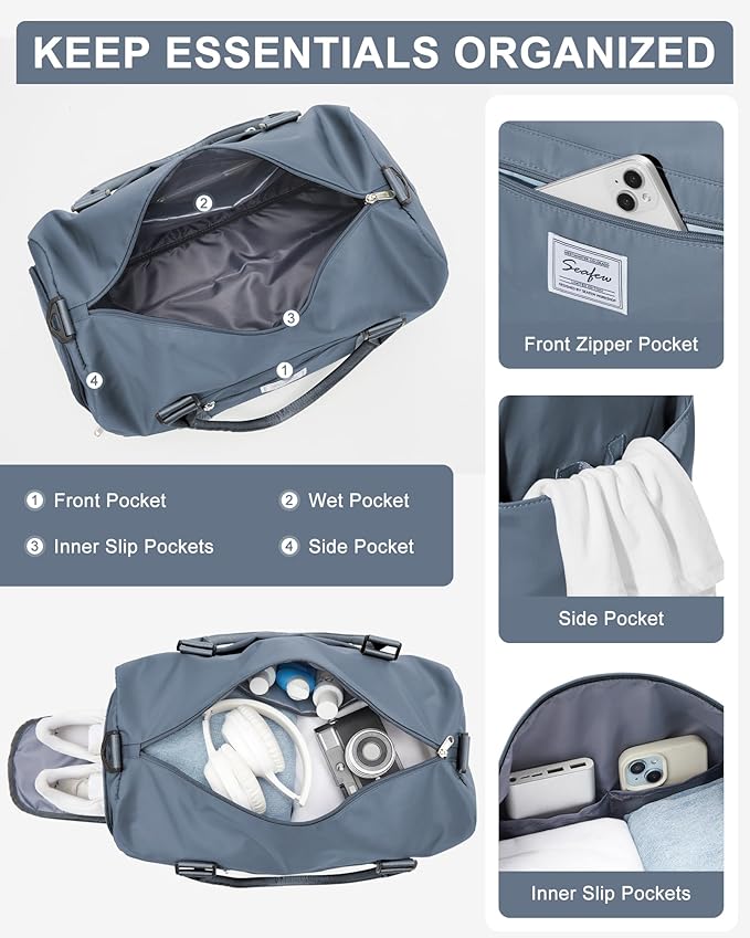Gym Bag Womens Mens with Shoes Compartment and Wet Pocket Travel Duffel Bags for Women for Plane Sport Gym Tote Bag with Toiletry Bags Waterproof Weekend Overnight Carry on Bag Hospital Holdalls