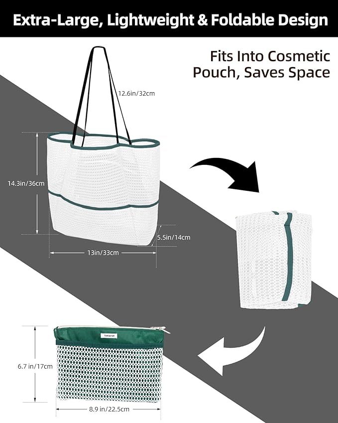 Mesh Beach Tote Bag Packable,2026 New 2-in-1 Large Lightweight Foldable Beach Bags with Multiple Pockets for Women