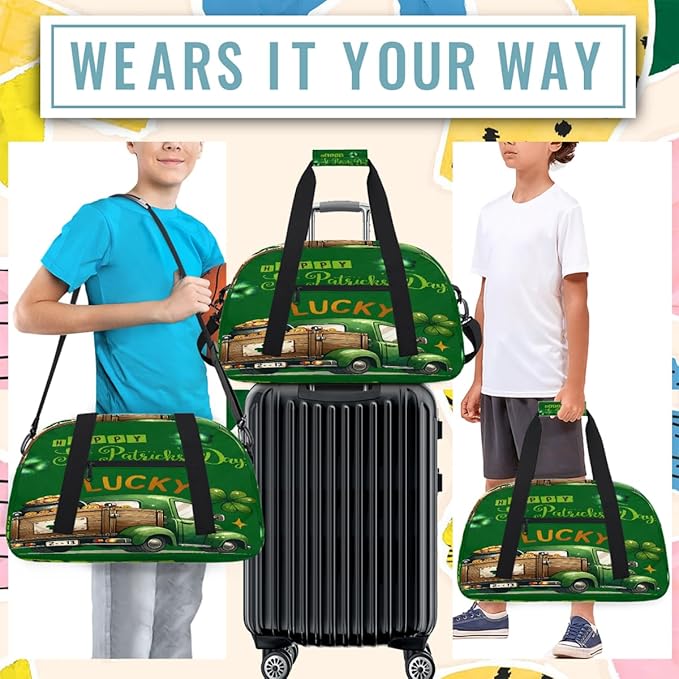 Travel Duffle Bag for travel duffle bag sports Girls Boys Kids St Patrick's Day Truck Lightweight Overnight Sleepover Weekender Bags Small Dance Gym Sport Bag Teens Carry-On Size Workout Bag