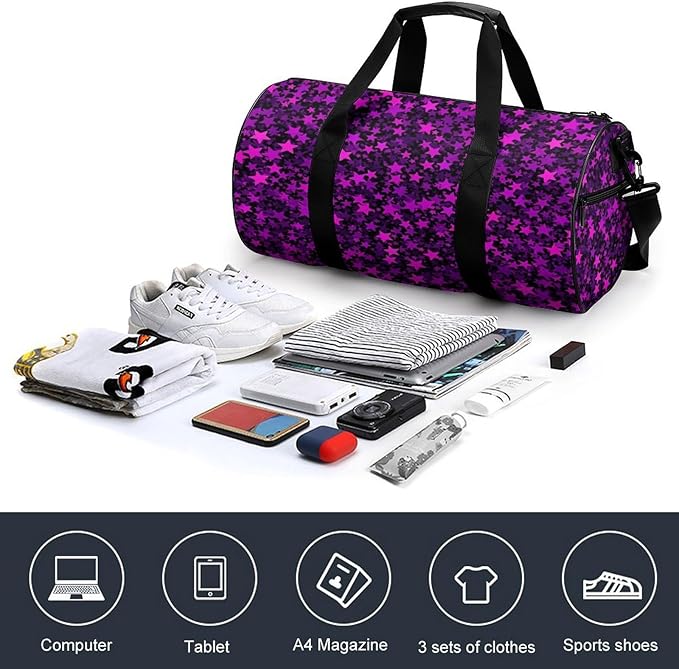 Foldable Gym Travel Bag Basketball Football Weekender Bag Carry on Beach Yoga Overnight Luggage Bags (Purple Star)