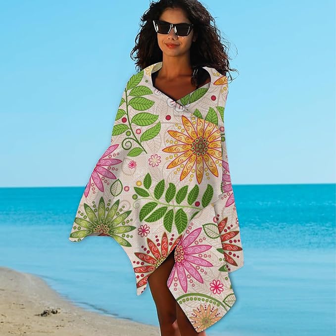 Floral Beach Towel,Spring Colorful Vivid Floral Flowers Lightweight Compact Sand Free Quick Dry Oversized Pool Swimming Towels for Girls Women Adults,29.5"×59"