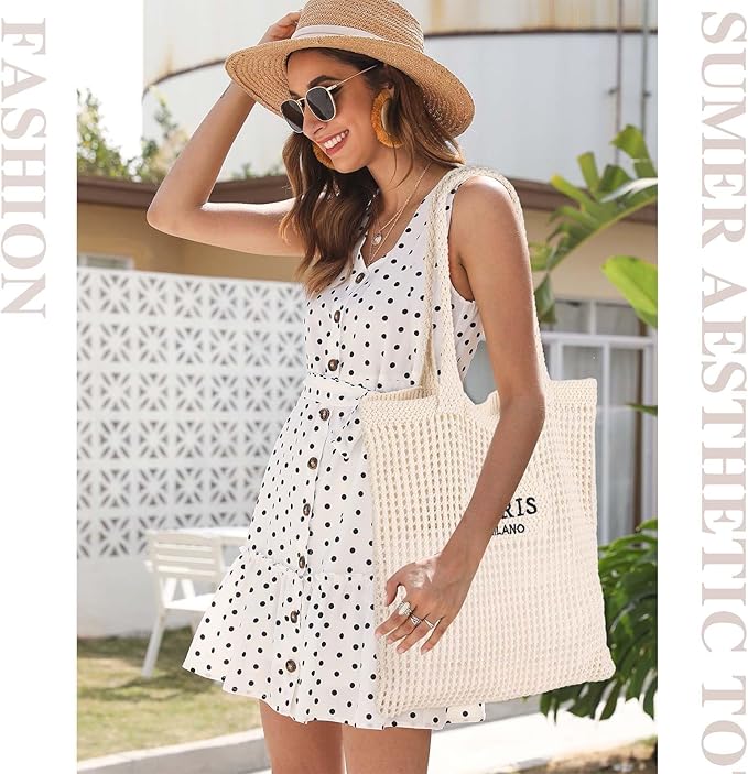 Sightor Crochet Tote Bag, Mesh Beach Bag Knit Summer Hobo Bag Vacation Boho Tote Bag for Women