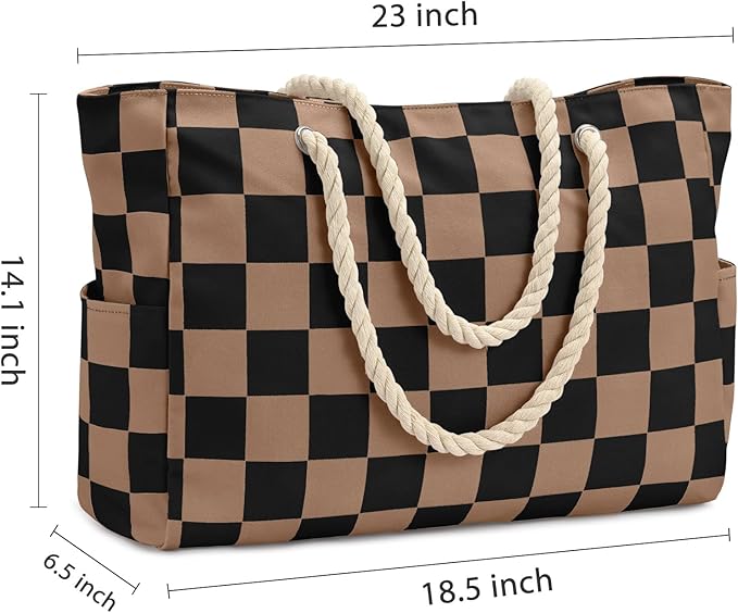 Becokan Beach Bags for Women Checkered Large Beach Tote Bag Zipper Beach Bags Waterproof Sandproof Canvas Swim Pool Bag