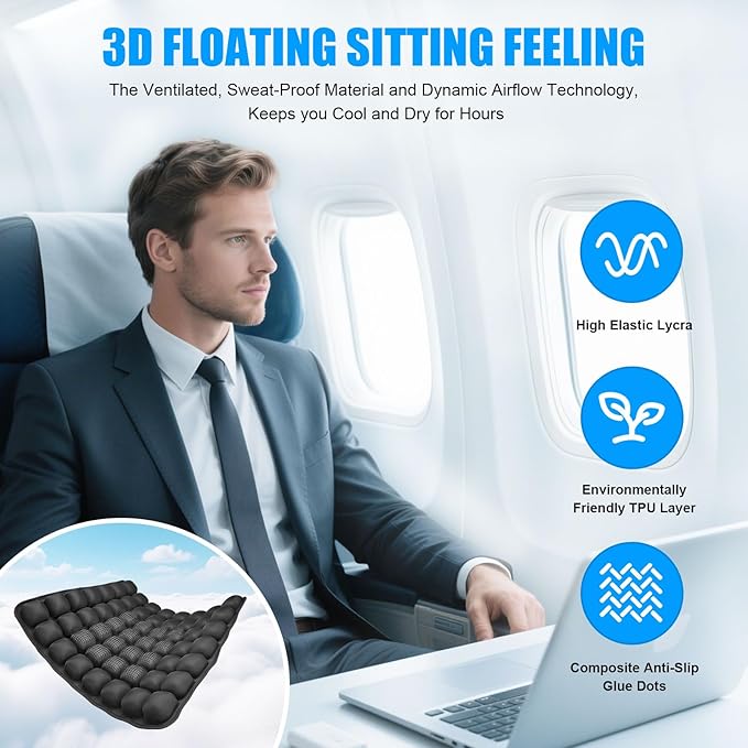 56 3D Air Cell Seat Cushion, Inflatable Travel Seat Cushion for Airplane,Office Chair, Wheelchair, Cars, Home Living, Comfortable Pressure Relief Tailbone Pain Relief (Black, 16"x18")