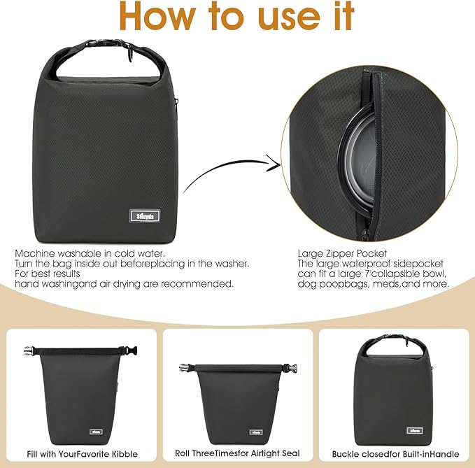 Travel Dog Food Container Pet Food Storage Bag Containers 2PCS Collapsible Travel Dog Bowls Waterproof Camping Storage Essentials Kibble Carrier 20L Easy to Clean (Black, Large)
