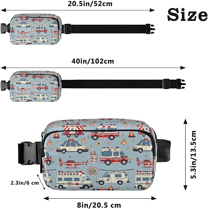 Kawaii Fire Police Car Ambulances Fanny Pack for Women Men Water Resistant Fashion Waist Packs with Adjustable Strap Belt Bag for Travel Workout Jogging Hiking 21219443