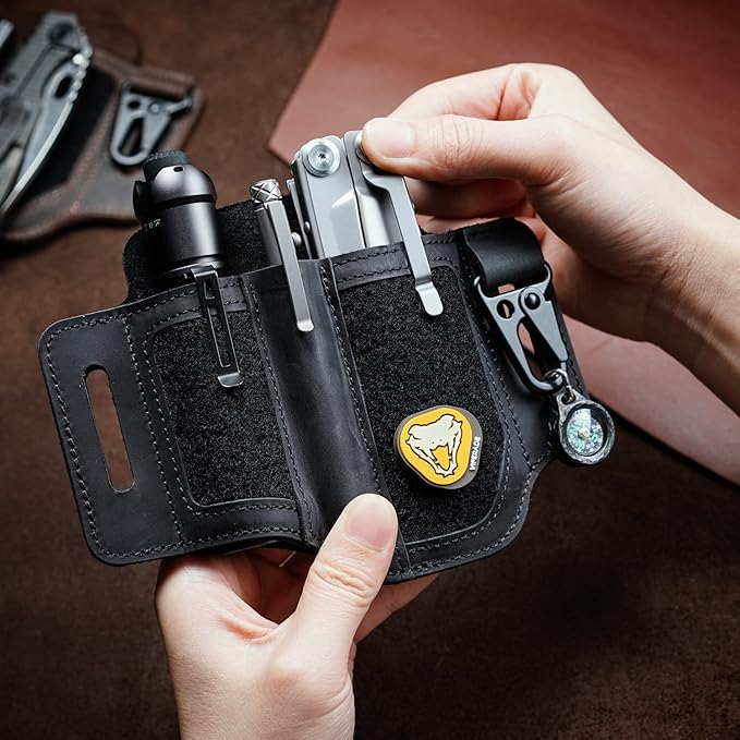 VIPERADE PL3 Multitool Sheath, Leather Sheath with DIY Patch Area, EDC Pocket Organizer for Men, Leatherman Sheath Flashlight Holder with Pen Holder, EDC Belt Organizer with Key Holder (A-Black)