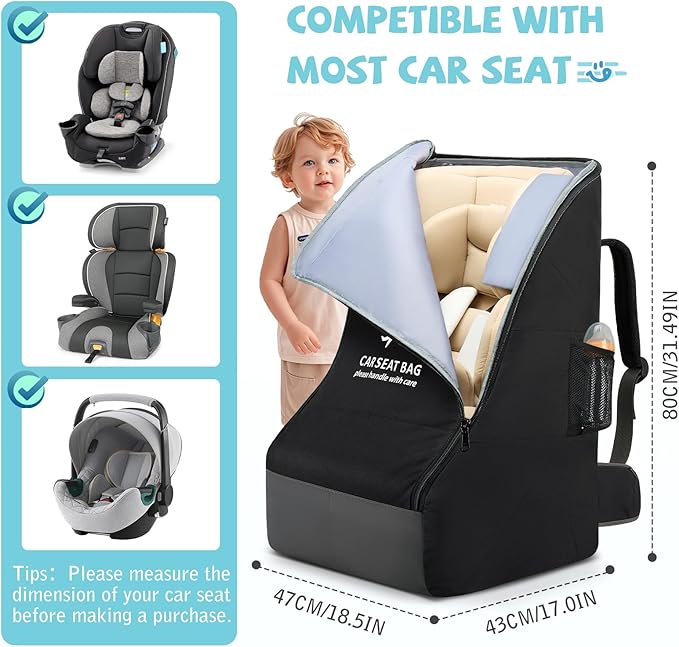RAINSMORE Car Seat Travel Bag for Airplane Padded Carseat Backpack Heavy-duty Car Seat Cover for Air Travel Infant Car Seat Carrier Bag with Shoulder & Waist Strap, Fits Most Car Seat & Booster Seats