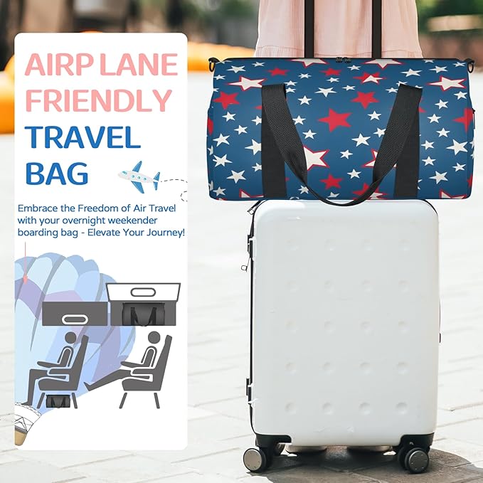 Red White Stars Travel Duffle Bag for Women Men, Overnight Weekender Bag, Carry on Tote for Sport Gym
