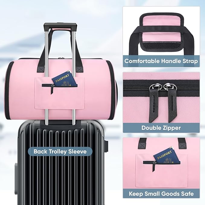 BALEINE Convertible Travel Garment Bag, Travel Suit Bag for Men, 2 in 1 Carry on Garment Bag for Hanging Clothes, Garment Duffel Bag for Travel Business (Pink)