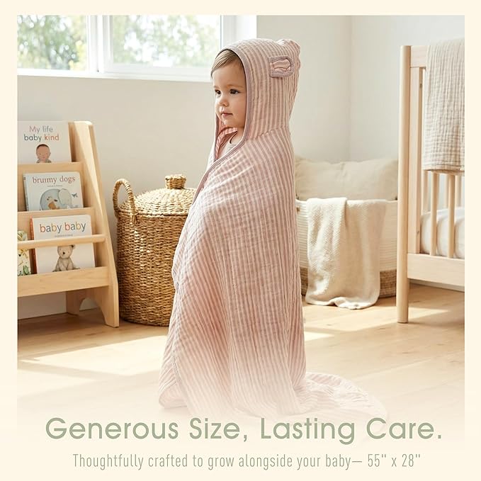 Ultra-Soft Muslin Toddler Hooded Towel – 55 x 28 Inches, Made with Organic Cotton, Gender-Neutral Dusty Pink Striped Jacquard Pattern, Ideal for Bath & Beach, Newborn to Toddler