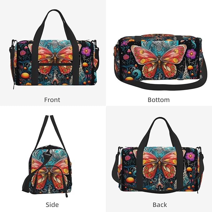 Sports Gym Bag Multicolored Butterfly Moon Flowers Travel Duffel Bag With Shoe Compartment Shoulder Strap, Lightweight Water-Resistant Weekend Overnight Totes For Women Men