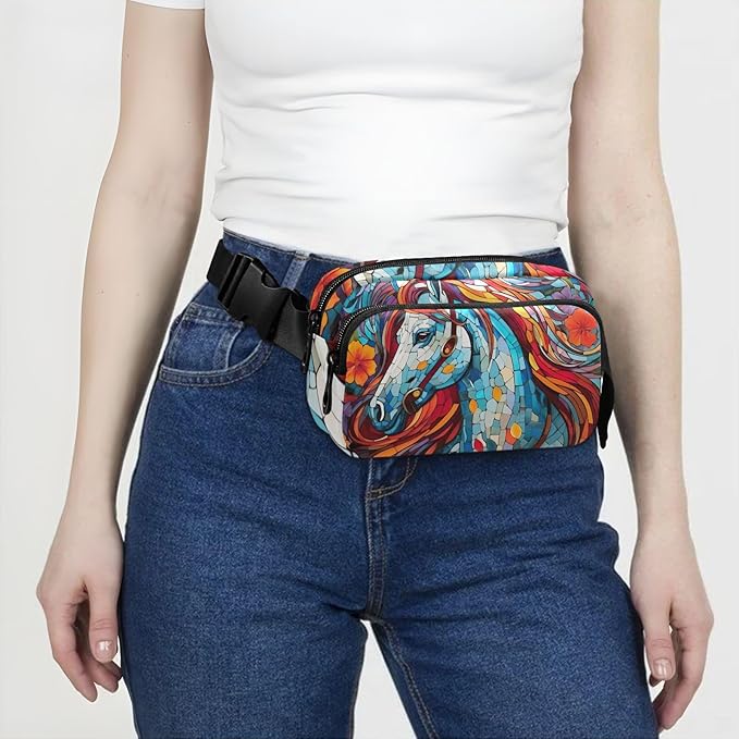 Mosaic Style Colorful Horse Fanny Pack for Women Men Water Resistant Fashion Waist Packs with Adjustable Strap Belt Bag for Travel Workout Jogging Hiking 21219650