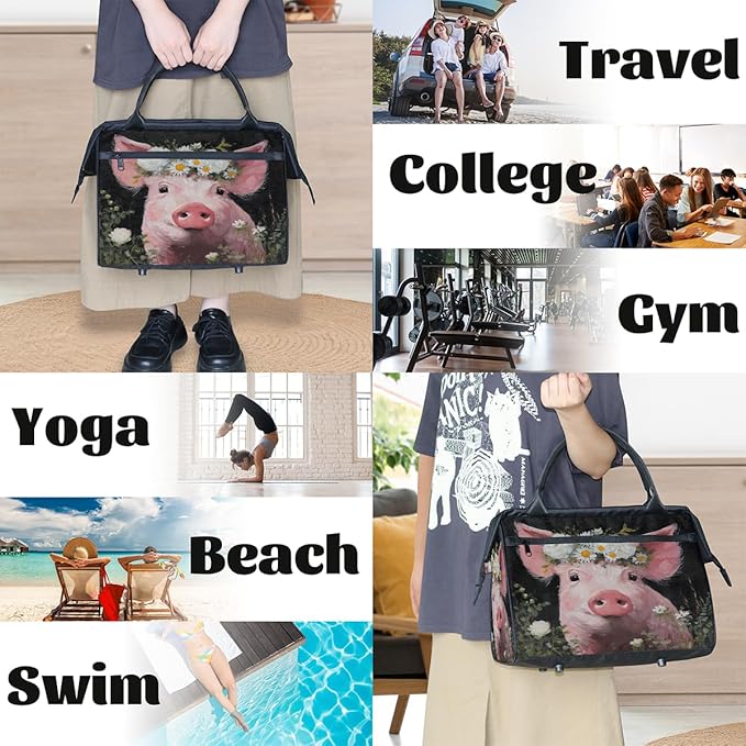 Overnight Weekender Bags for Women Men, Cute Pink Pig With White Flowers Waterproof Travel Carry On Duffel Bag, Lightweight Sports Gym Bag for Fitness, Workout, Travel