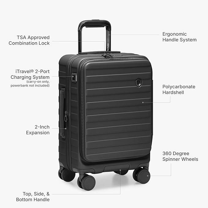 Traveler's Choice Novia Top Opening Expandable Polycarbonate Luggage with Spinner Wheels, Black, 21-Inch Carry-on