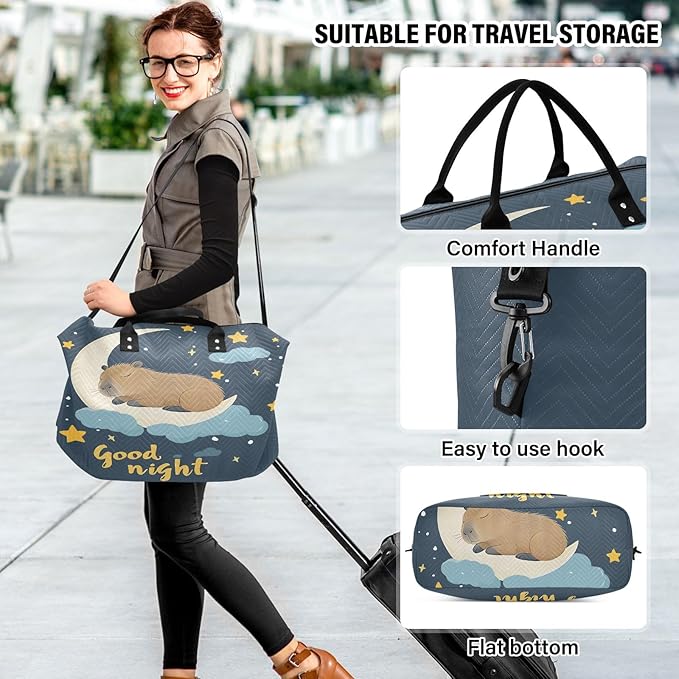 Travel Duffle Bag, Good Night Moon Capybara Gym Bag with Storage Bag Weekender Overnight Bag for Men Women Trip Sports Yoga
