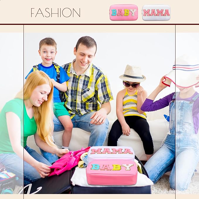 Sanwuta 2 Pieces Mama Gifts Makeup Bag Mom Pouch Birthday Gifts Nylon Cosmetic Bag Mothers Day Appreciation Toiletry Preppy Patch Chenille Letter for Women Her New Mom(White, Pink,Baby and Mama)