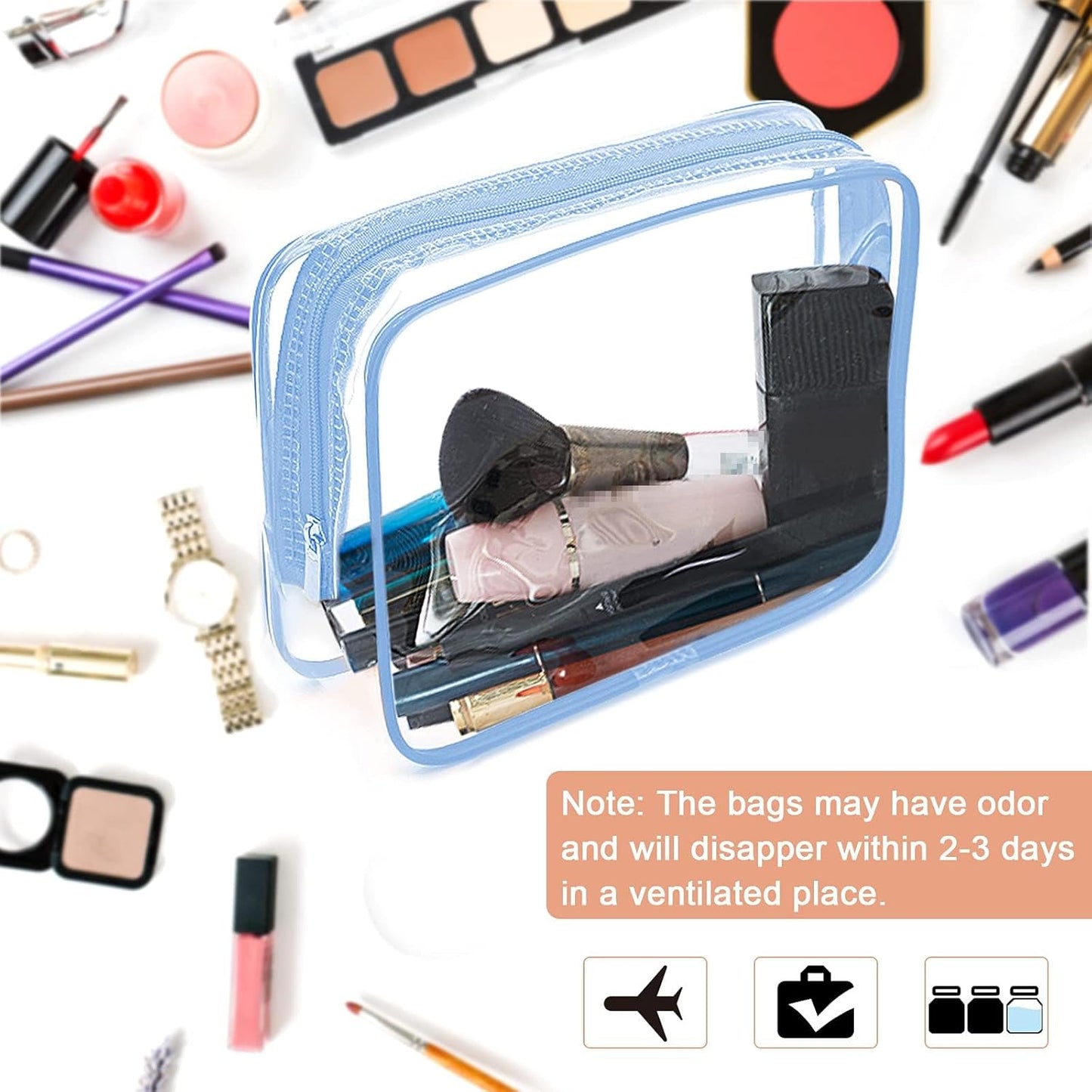 APREUTY Clear Makeup Bags, TSA Approved 6 Pcs Cosmetic Makeup Bags Set Clear PVC with Zipper Handle Portable Travel Luggage Pouch Airport Airline Vacation Organization (Haze Blue)