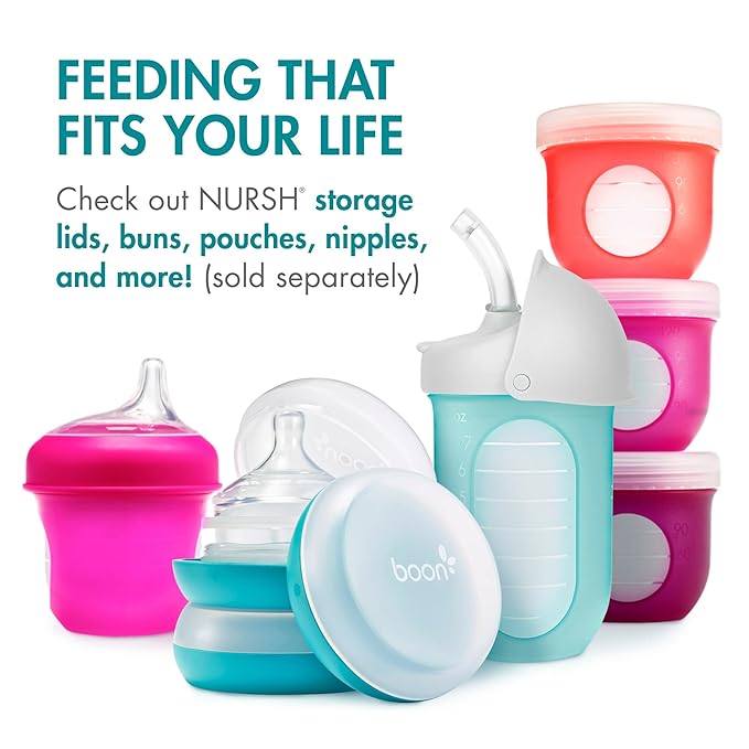 Boon Nursh Bottles - Silicone Baby Bottles Help Ease Colic Symptoms - Formula and Breast Milk Only Touch Food-Grade Silicone - Medium Flow - 8 Oz - Blue