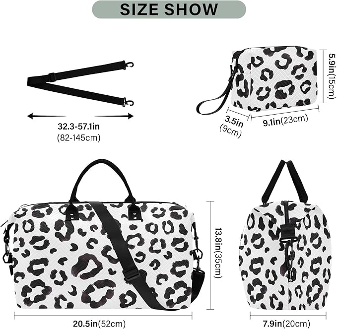 Travel Duffle Bag, Leopard Print Cheetah Black White Gym Bag with Storage Bag Weekender Overnight Bag for Men Women Trip Sports Yoga