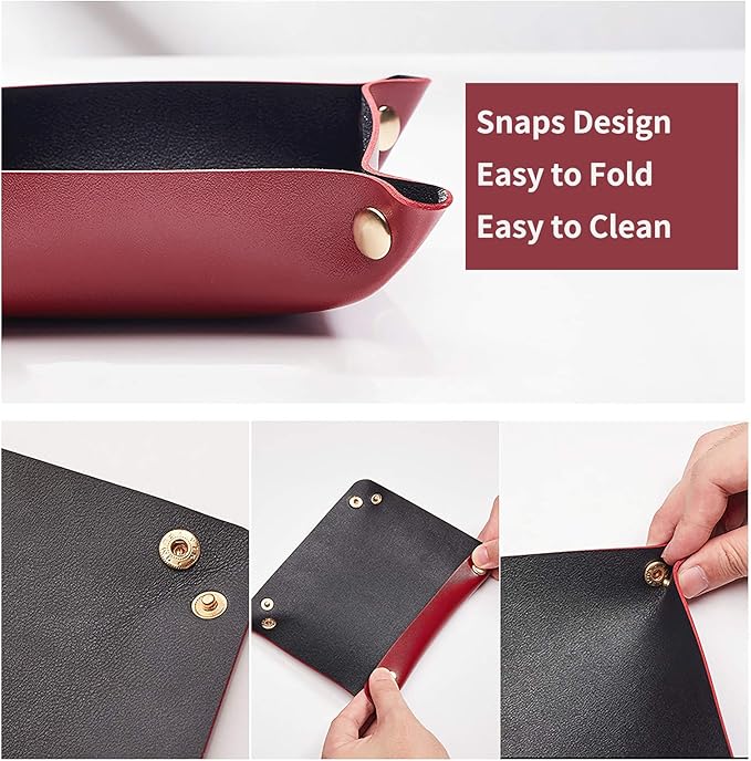 Leather Valet Tray for Men Women, Small Leather Catchall Desk Organizer, Key Holder for Entryway Table, Collapsible Travel Snap Tray (Silver + Pink)