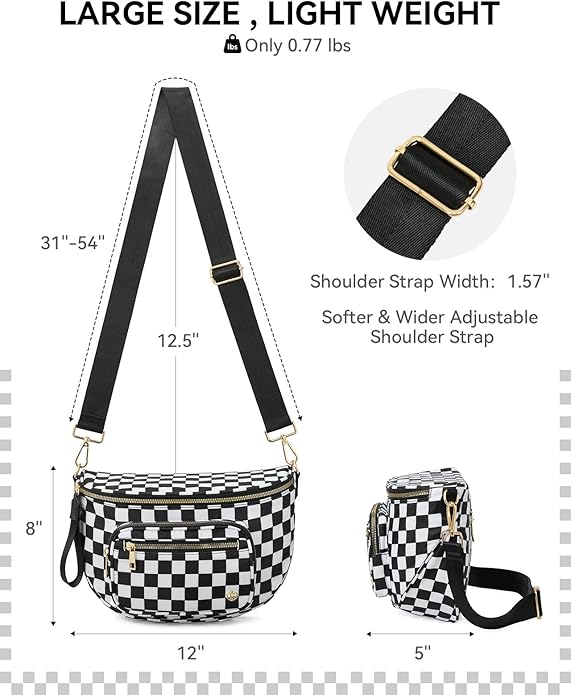 BOSTANTEN Crossbody Bags for Women Cross Body Purse Checkered Bum Bag, Large Diaper Purse for Moms, Perfect for Work/Travel