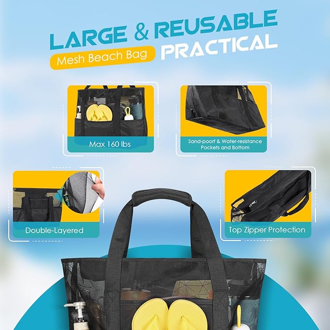 24 inch Large Mesh Beach Bag with Zipper, Oversized Foldable Lightweight Family Beach Tote with 7 Pockets, Vacation Essentials Beach Accessories