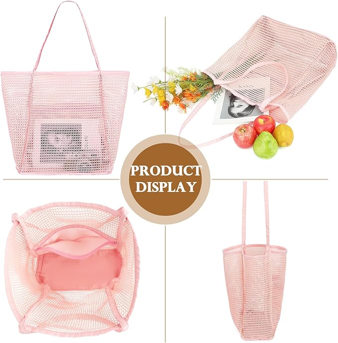 Mesh Beach Bag, Large Beach Tote with Zipper Pocket, Toys Pool Bag for Family Travel Vacation Cruise Essentials