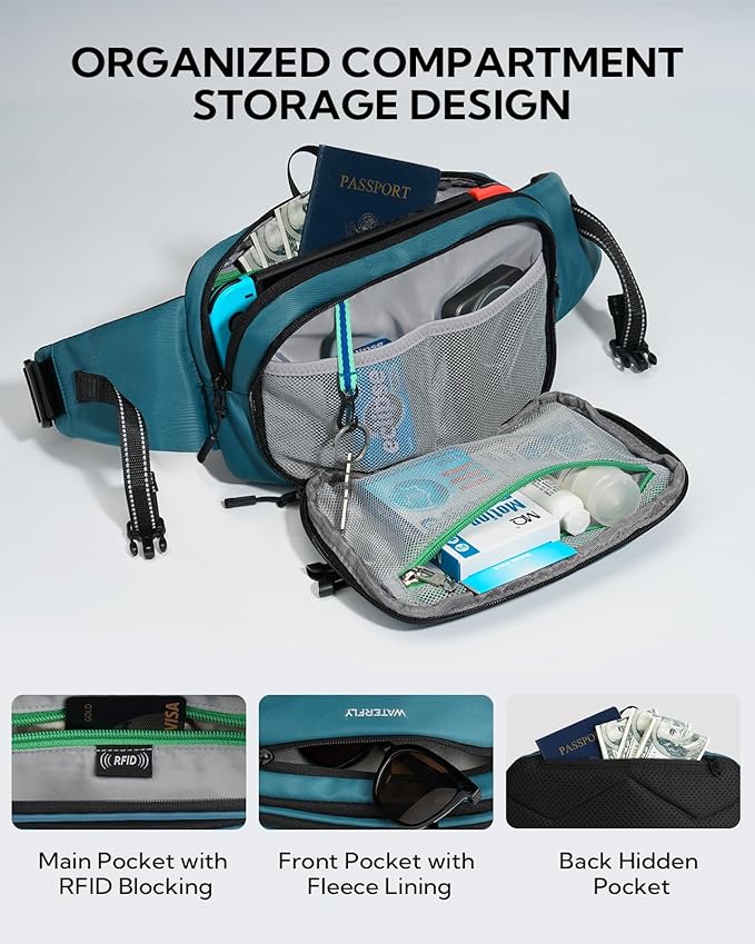 WATERFLY 3L Large Fanny Pack, 180° Opening Hip Pouch with Multi-Pockets, Anti-Theft RFID Blocking Waist Bag for Women Men Traveling Hiking Daily Use