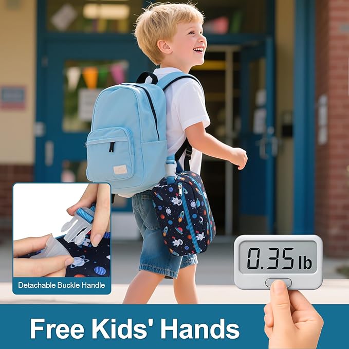 Bagseri Kids Snack Bag Boys - Small Reusable Mini Cooler Pouch, Insulated 3.9L Food Carrier with Buckle Handle for School and Daycare, Fits in Backpack, Blue Space Astronauts