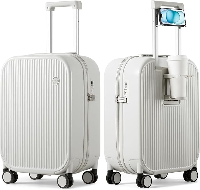 mixi Carry On Luggage with Cup Phone Holder Hard Shell Rolling Travel Suitcase with Spinner Wheels,20 Inch Smoke White