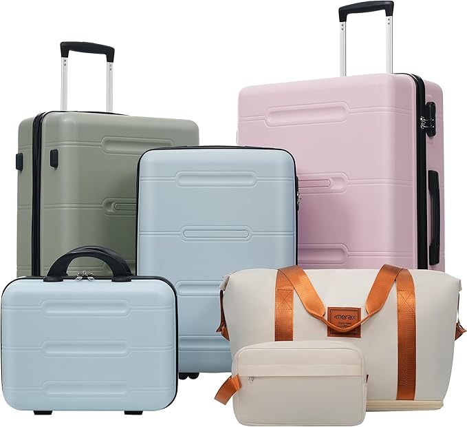 Merax Luggage Set 6 Piece,Lightweight Hardshell Suitcase with Double Spinner Wheels Handle Password Lock,14 IN Cosmetic Case 20/24/28 IN Luggages with Duffel Bag and Toiletry Bag,Pink Green Blue