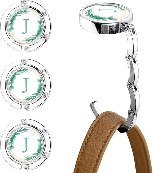 XSUIOY 3Pcs Personalized Initial Foldable Purse Hook for Table,Crushed Flower Letters Folding Purse Hanger,Purse Holder Handbag Hanger Collection Desk Table Bag Hooks Gifts for Women Bag(Green-J)