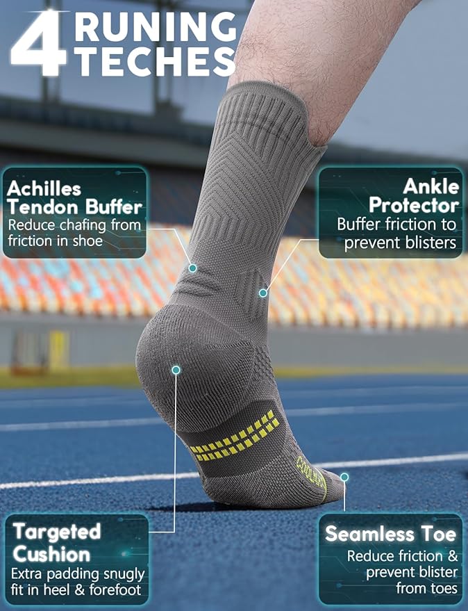 Compression Running Socks, Bamboo Viscose Coolmax Moisture-Wicking Anti-Blister Athletic Hiking Workout Gym Padded
