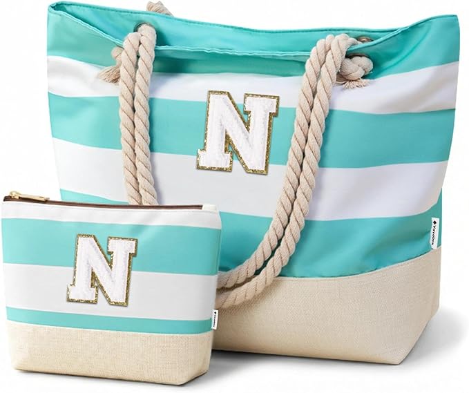 Vavabox Initial Beach Tote Bag for Women, Water-resistant Foldable Travel Beach Bag Set, Birthday Gifts for Women Mom