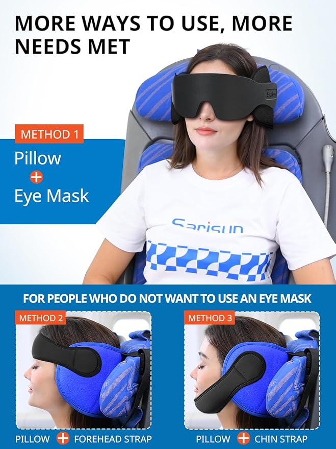Travel Pillows for Airplanes with Sleep Eye Mask, Chin Strap, Airplane Pillow for Long Flights, Car Road Trip, 360° Support Headrest, Travel Essentials Stop Bobblehead, Mottled Blue