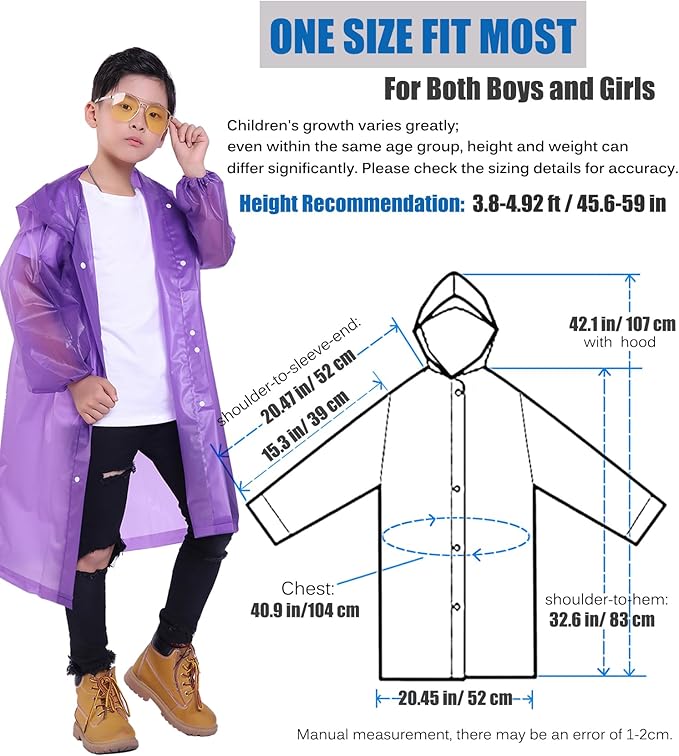 Kids Rain Jacket, 2 Pack Rain Ponchos for Kids - Reusable Raincoats for Boys and Girls Waterproof Outdoor Rain Gear