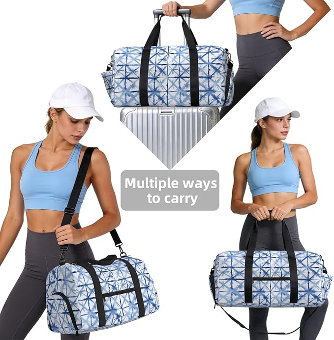 Tie Dye Indigo Blue Watercolor Women'S Gym Duffle Bag With Shoes Compartment, Ideal For Travel, Gym, Sports, Duffel, Weekender