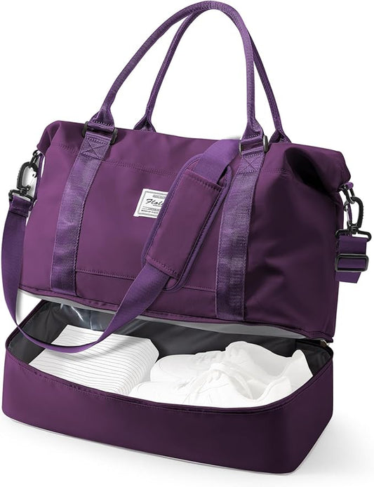 Travel Duffel Bag, 18x14x8 Inches Travel Bag Spirit with Shoes Compartment, Weekender Overnight Bag for Women with Trolley Sleeve, Carry On Bag for Airplanes Sport Tote Gym Bag DeepPurple